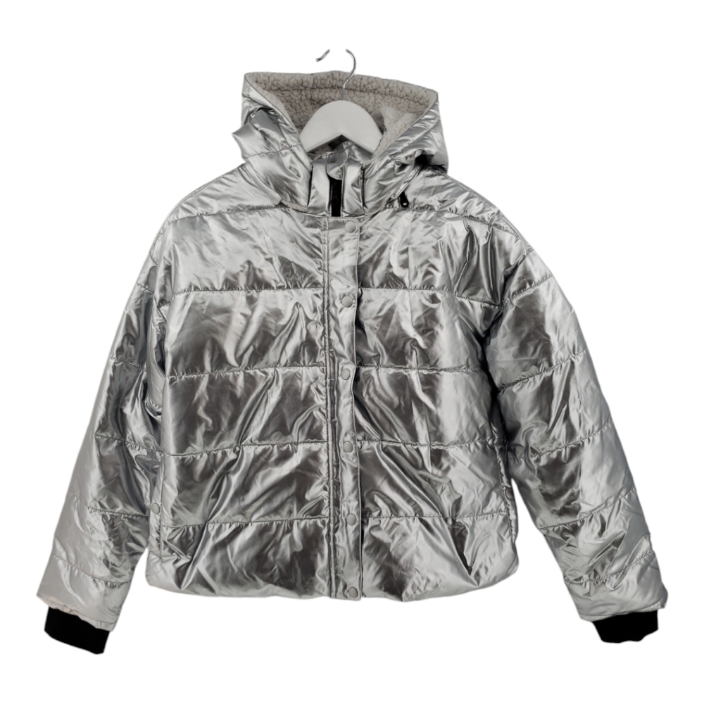 Aerie Metallic Puffer Jacket Medium Silver Sherpa Lining Hooded Full Zip